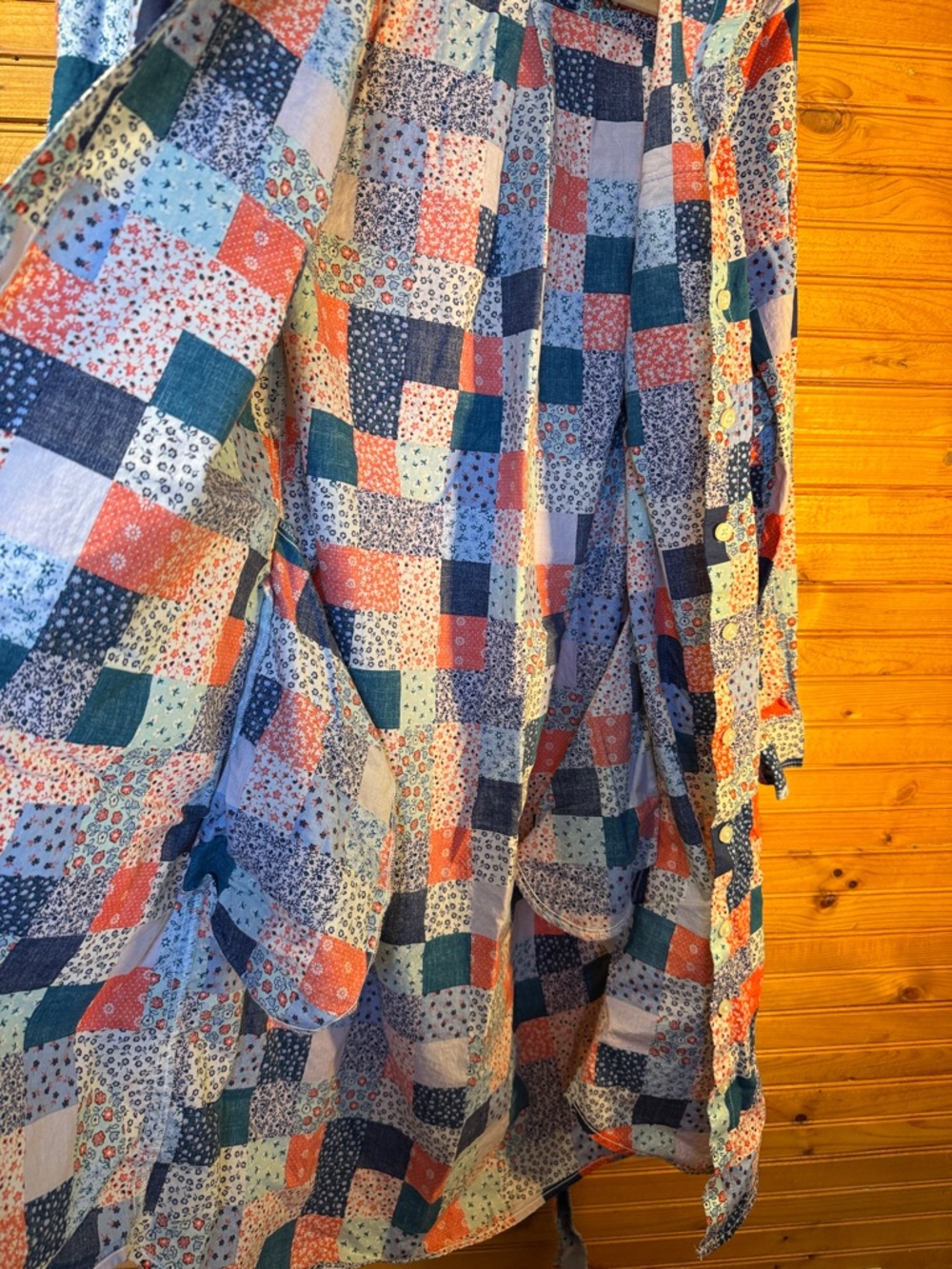 Lands' End Patchwork print Button-Front skirt Dress in Navy, Teal & Orange - Picture 4 of 5